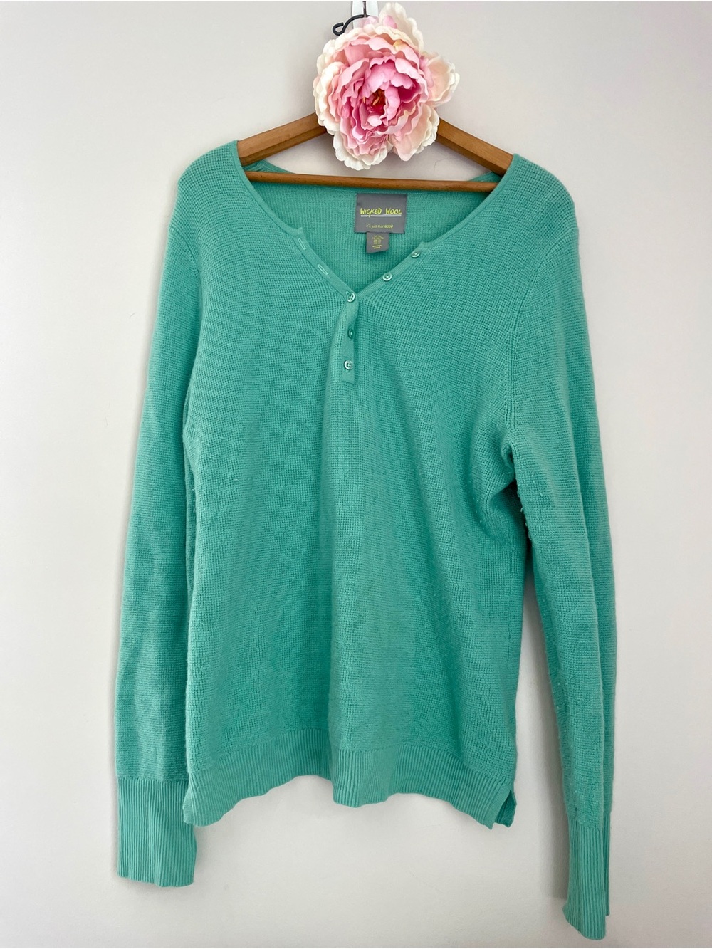 Wicked Wool Seafoam Green Knit Henley Sweater Button Detail Merino Wool XL